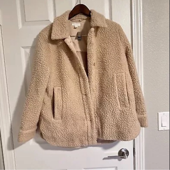 COS Womens Cream Beige Sherpa Teddy Jacket button Down Size 8 Wool Cotton blend - Picture 2 of 12